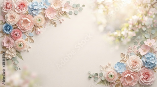 A close-up image showcases a decorative floral arrangement with roses and ranunculus flowers in shades of pink, peach, and blue. 