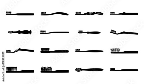 Toothbrush black silhouette vector icons in different shapes and orientations