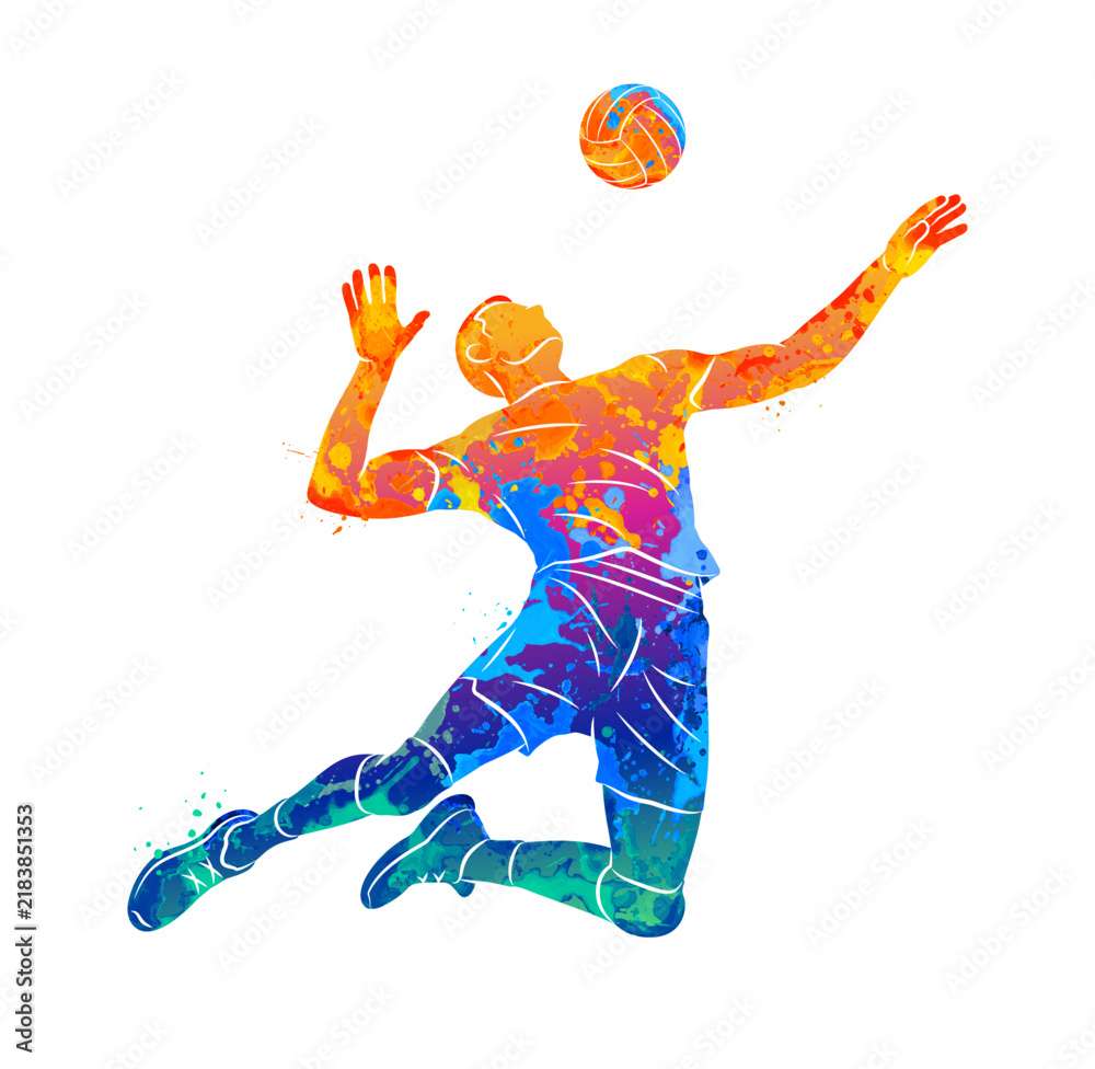 Obraz premium Abstract of a volleyball player in a dynamic jump during a game from splash of watercolors. The athlete is depicted hitting or serving the ball overhead. Vector illustration of paints