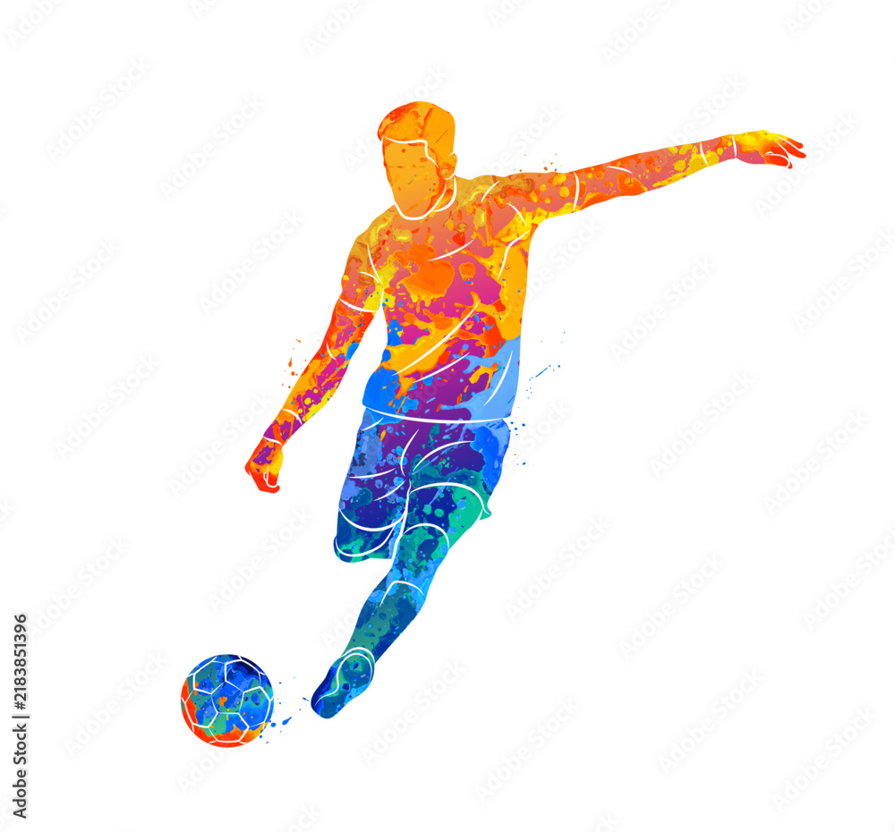 Fototapeta premium Abstract football soccer player man in action kicks a ball isolated white background from splash of watercolors. Vector illustration of paints