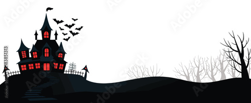 Haunted house silhouette on a hill with flying bats and bare trees, spooky halloween night scene with red glowing windows, on a white background