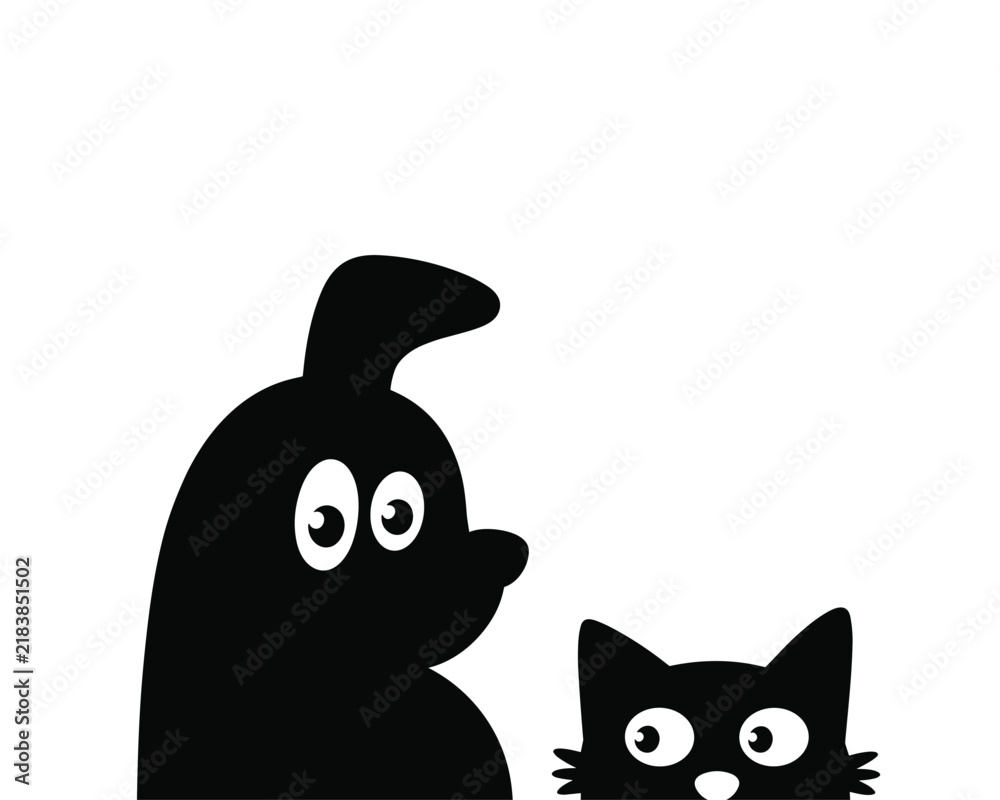 Fototapeta premium Minimalist black silhouette of a cute dog and a cat looking sideways, isolated on a white background, simple for pet related concepts
