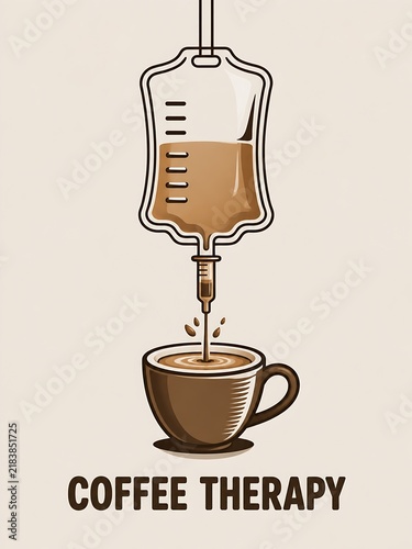 Creative daily dose coffee therapy poster with IV drip and heartbeat line design