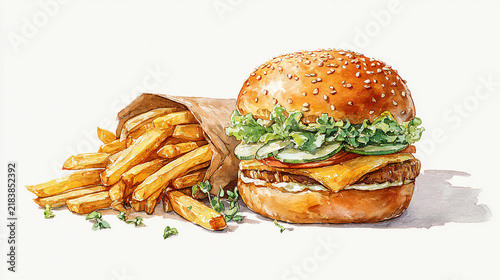 Beef cheeseburger and golden french fries in paper bag with hamburger cheeseburger fastfood.