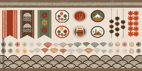 Japanese autumn themed floral ornament and wave pattern collection displays traditional motifs on a beige background autumnal botanical circular decorative design element foliage