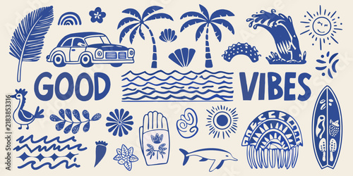 A collection of blue summer themed illustrations depicts tropical foliage marine life and recreational items beachcombing coastal dolphin floral illustration nautical oceanic palm