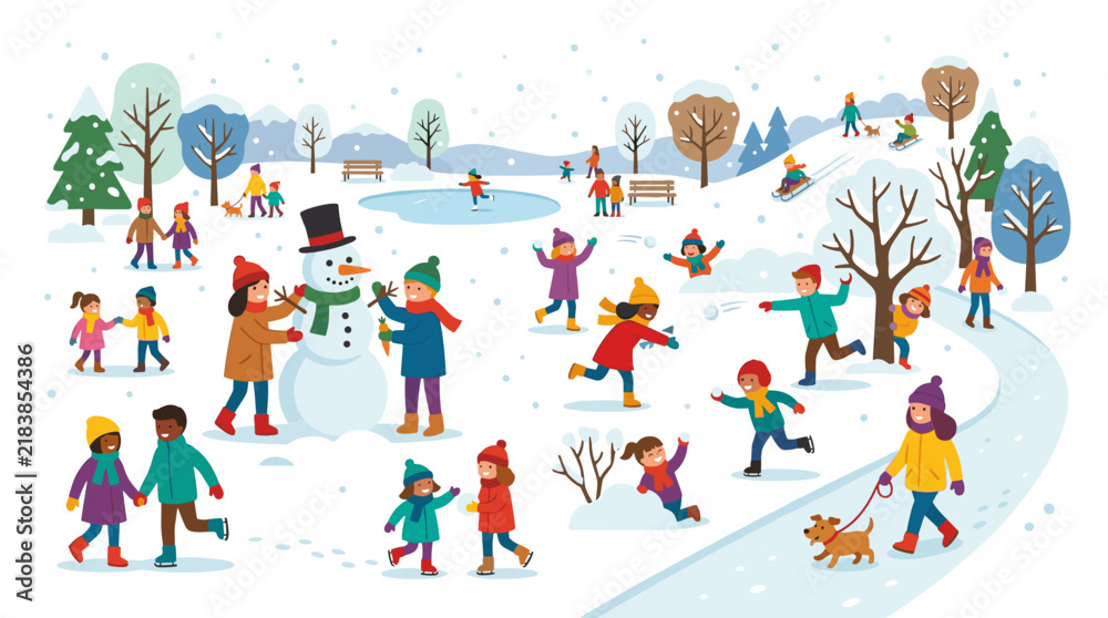 Fototapeta premium A group of miniature figures in winter coats engage in park activities—constructing a snowman, tossing snowballs, and walking a dog—depicted in a vibrant flat cartoon vector illustration