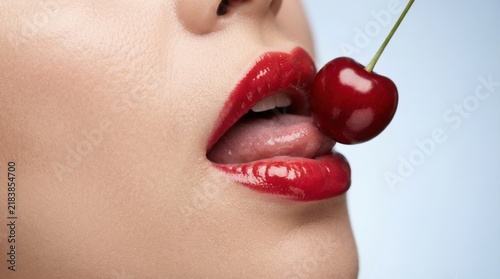Close-up of Woman's Lips with Cherry and Glossy Red Lipstick