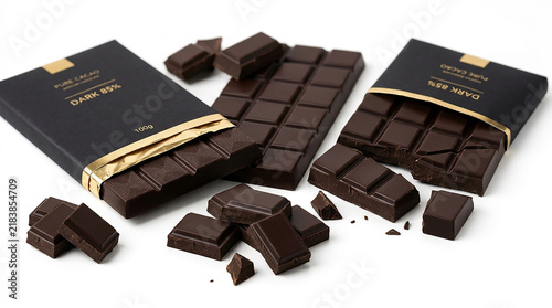 Premium Dark Chocolate Bars with Packaging and Broken Pieces