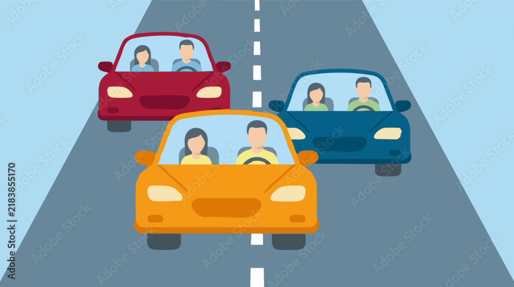 Naklejka premium Flat design illustration of cars with drivers and passengers on a road