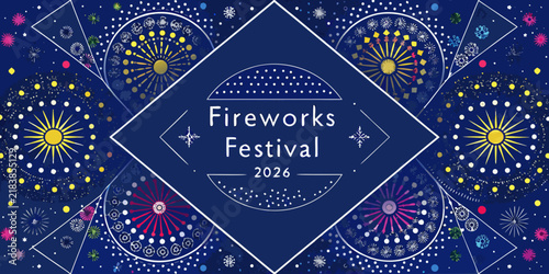 Colorful fireworks display and celebratory text adorn a deep blue vector illustration celebration festive pyrotechnics burst explosion illumination radiance sparkle graphic design pattern