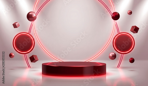 3D red podium display with glowing red neon ring spotlights and floating geometric spheres product showcase background.