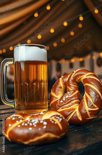 Cold glass mug of draft beer next to warm pretzel on wooden table
