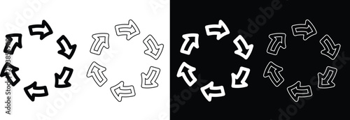 Abstract Circular Recycle Arrow Loop Frame Vector Set Isolated on Black and White Backgrounds for Modern Graphic Design