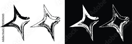Abstract Four Pointed Star Sparkle Brush Stroke Vector Set Isolated on Black and White Backgrounds for Modern Creative Design