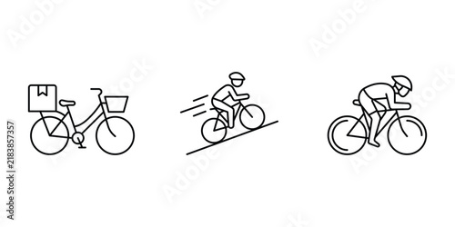 Cycling line icon set showing delivery bicycle uphill rider racing cyclist vector artwork illustration.