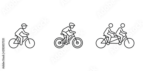 Cycling line icon set showing cyclist mountain bike rider tandem bicycle outdoor activity vector illustration.
