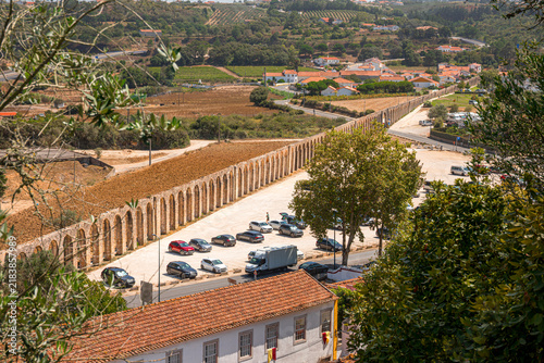 Elevated view of the historic Usseira Aqueduct and surrounding countryside in Obidos, Portugal