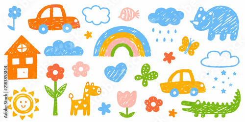 A colorful collection of childlike crayon drawings depicts various objects and natural elements on a white background drawing illustration artwork doodle sketch scribble