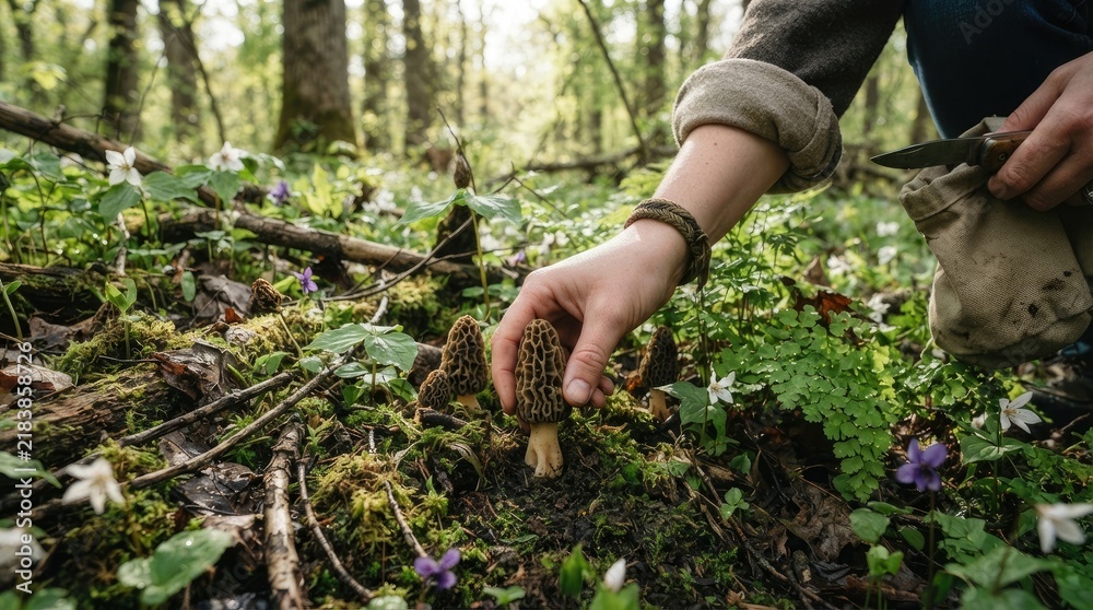 Fototapeta premium A person wearing a bracelet is carefully picking morel mushrooms from the forest floor. They are using a small knife and a burlap bag to collect the mushrooms. 