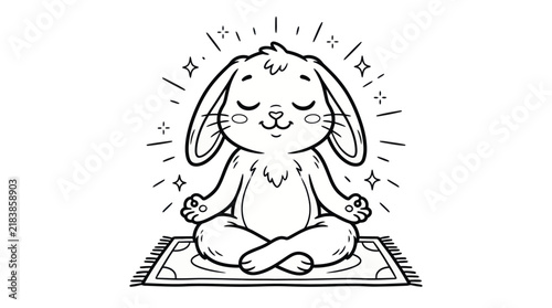 A charming cartoon bunny is peacefully meditating in a traditional lotus position while practicing yoga on a mat illustration