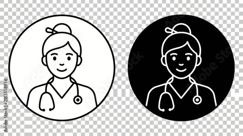 Line art illustrations of a female doctor or nurse wearing a stethoscope in circular frames black and white