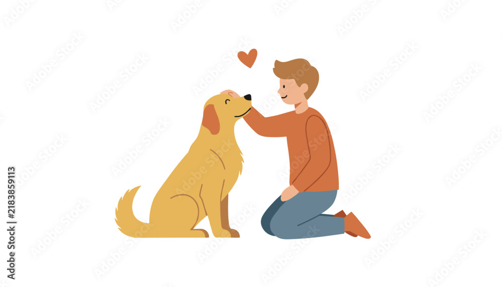 Fototapeta premium Happy young boy kneeling down to pet his affectionate golden retriever dog with a red love heart floating above them.