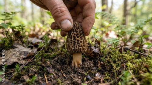 A person’s hand gently picks a morel mushroom from the forest floor. The mushroom is dark brown and has a distinctive honeycomb-like pattern. 