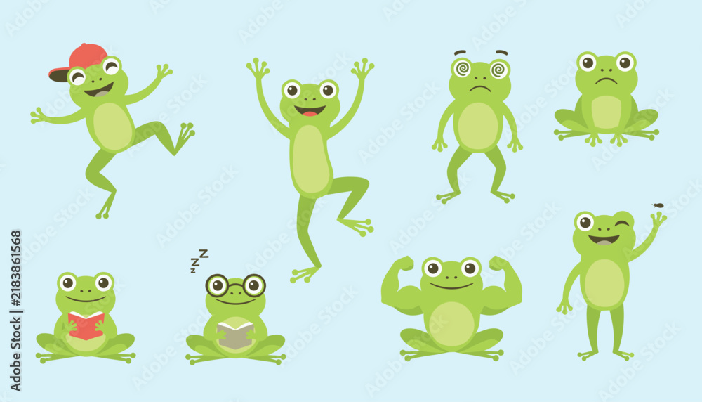 Fototapeta premium Set of cute green cartoon frogs demonstrating various fun poses, expressions, and activities like reading and sleeping.