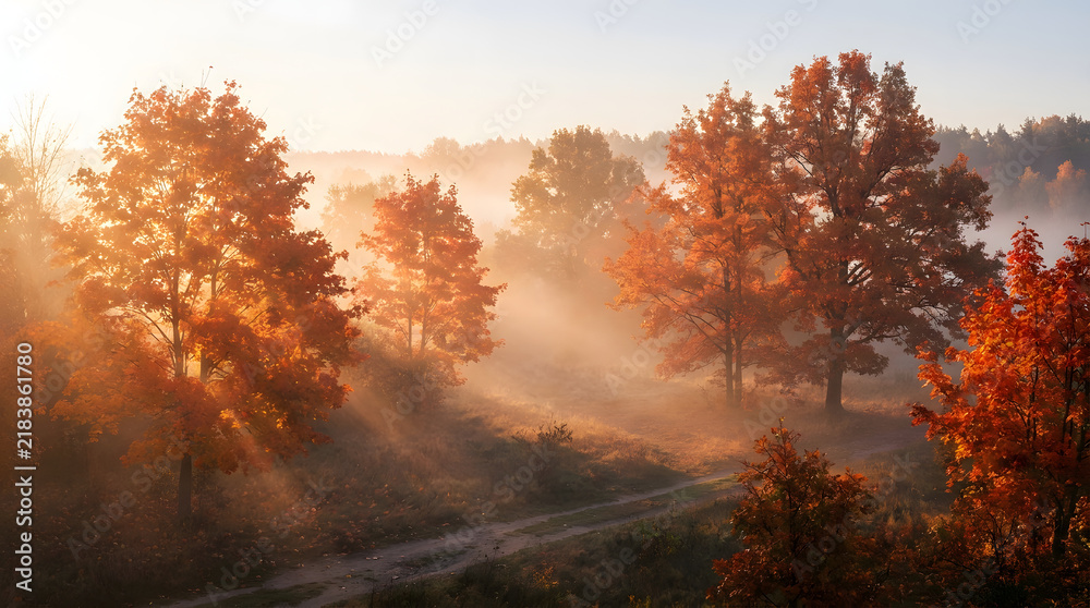 Fototapeta premium Sunlight rays piercing through foggy autumn forest with red trees