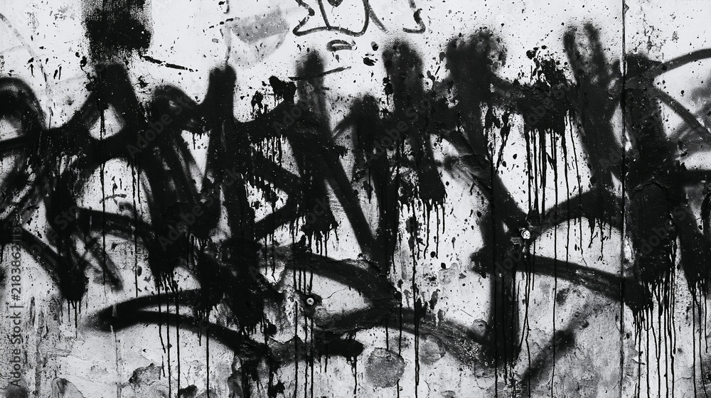 Naklejka premium Monochrome black and white graffiti wall texture, high contrast urban background. AI gen