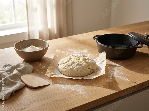 Fresh round sourdough bread dough on a wooden kitchen table with a black pot and a bowl of white flour. no-knead dough
