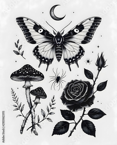 Gothic moth and dark botanical tattoo flash sheet illustration