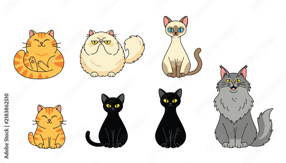 Obraz premium Cute collection of eight cartoon cats of different breeds, colors, and postures on a white background.