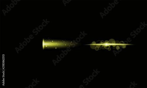 A single brass bullet flying through the air with a glowing light trail isolated on a black background