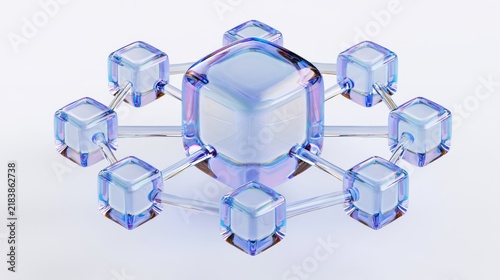 Transparent Glass Blockchain Network with Connected Data Cubes and Central Digital Hub. AI generative