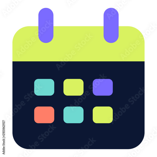 Navy event calendar with lime header and colorful dates