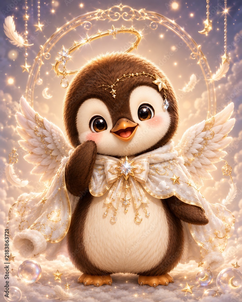 Fototapeta premium Cute baby penguin angel with golden halo and feather wings illustration