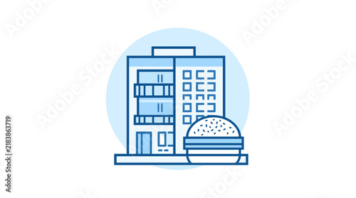 Bild auf Leinwand Blue line art of apartment building and burger.