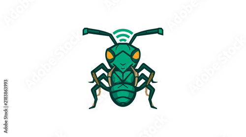 Foto Cartoon green beetle with wireless signal antenna.