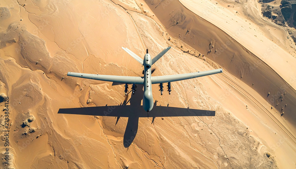 Obraz premium An aerial topdown view of a military drone flying over a desolate desert landscape. Nobody is present, evoking a sense of surveillance, modern warfare technology, and quiet, lonely isolation.