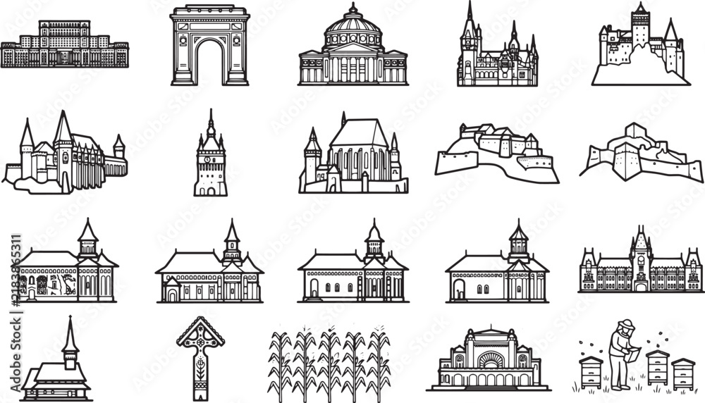 Fototapeta premium A collection of graphic illustrations depict various European architectural landmarks and historical buildings.