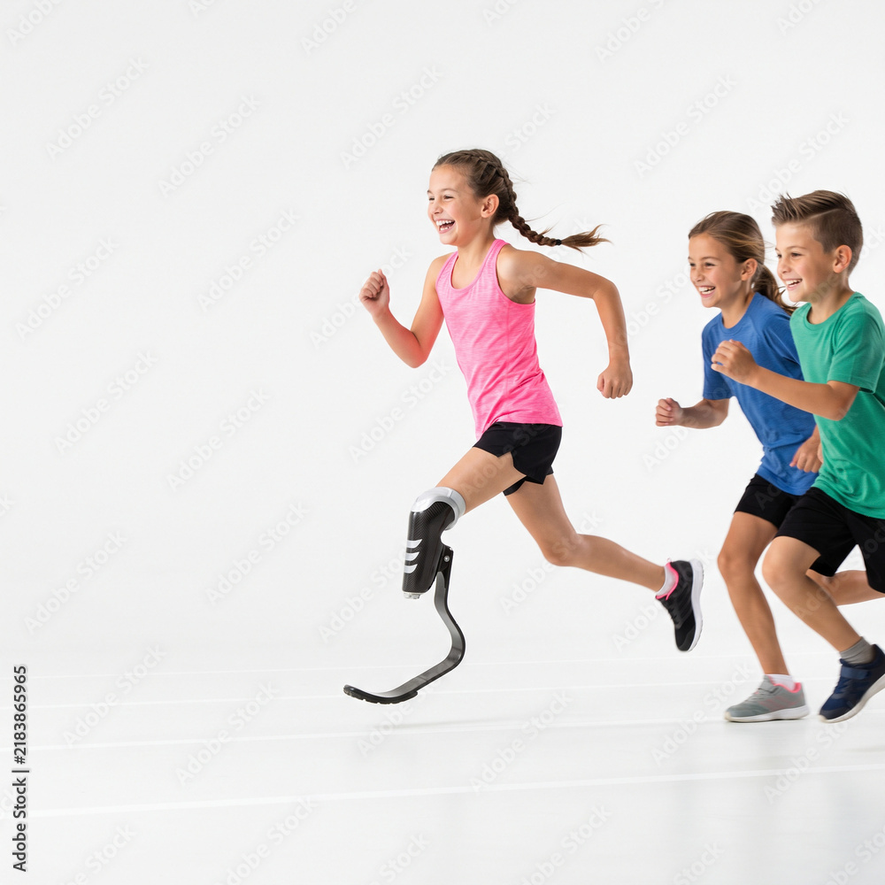 Obraz premium Young girl with prosthetic leg running with friends on a track