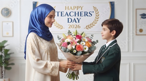 A young boy presents a colorful flower bouquet to his teacher wearing a blue hijab on teachers day.