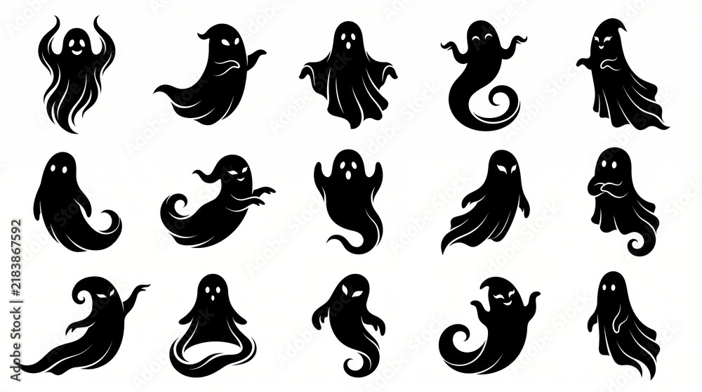 Obraz premium Black ghost characters in various poses isolated on white background