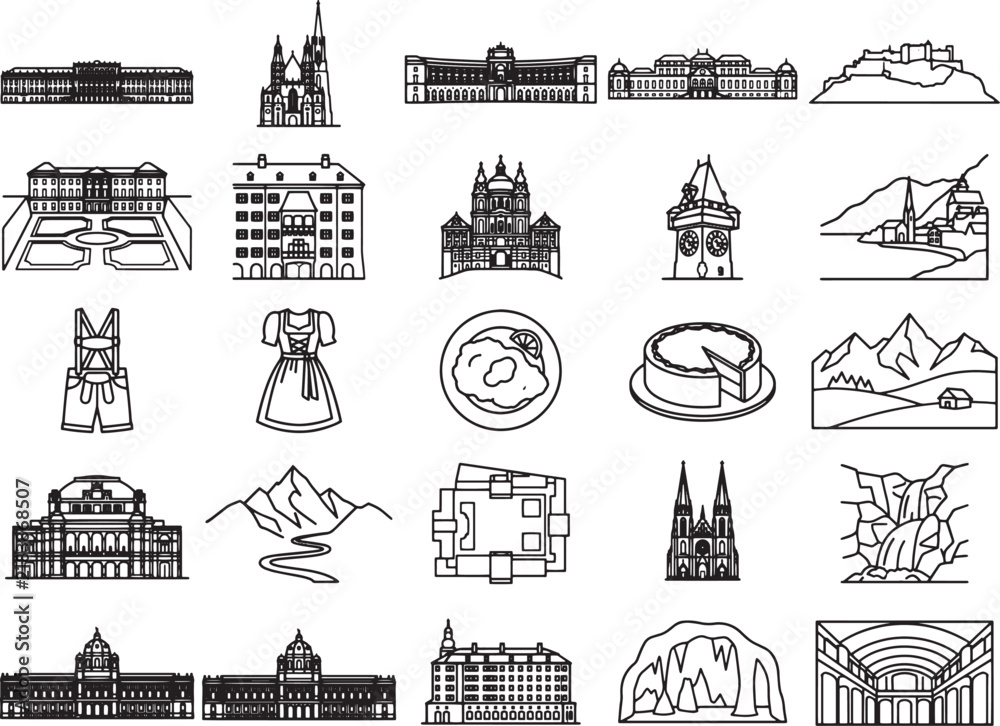 Fototapeta premium A collage of line-art icons depicting European landmarks, traditional attire, scenic mountain ranges, and local cuisine, showcasing a rich cultural tapestry.