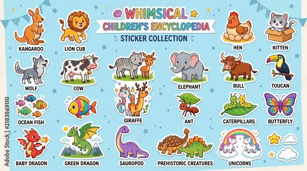 Fototapeta premium Whimsical children's animal sticker collection