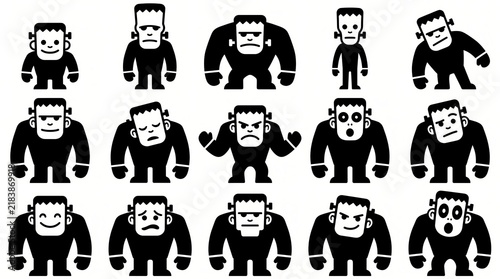 Various frankenstein monster expressions vector icons isolated on white background