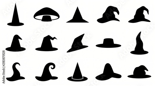 Black witch hats vector illustration set isolated on white background