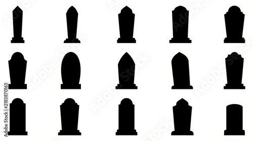 Black silhouette gravestone and tombstone shapes isolated on white background